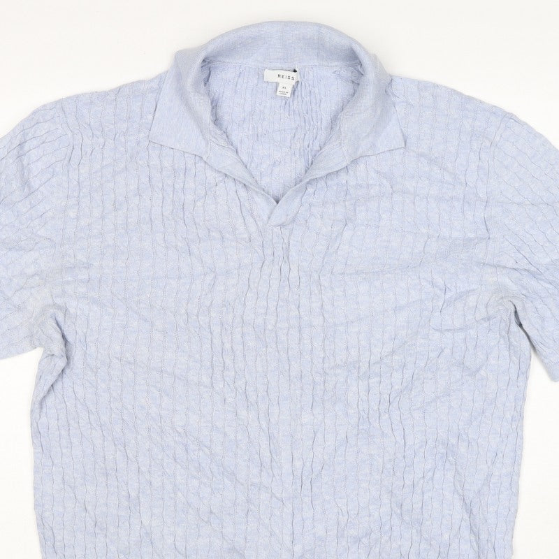 Reiss Men’s Blue XL Cable Knit Short Sleeve Polo Shirt