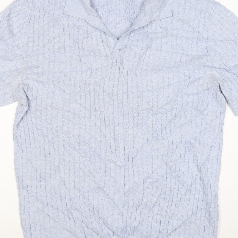 Reiss Men’s Blue XL Cable Knit Short Sleeve Polo Shirt
