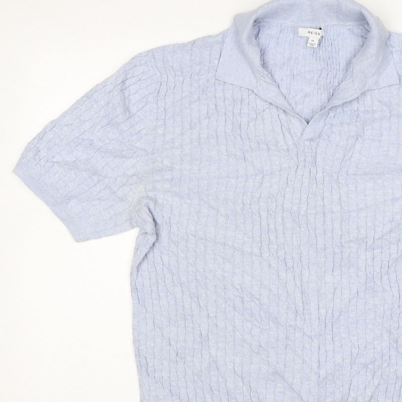 Reiss Men’s Blue XL Cable Knit Short Sleeve Polo Shirt