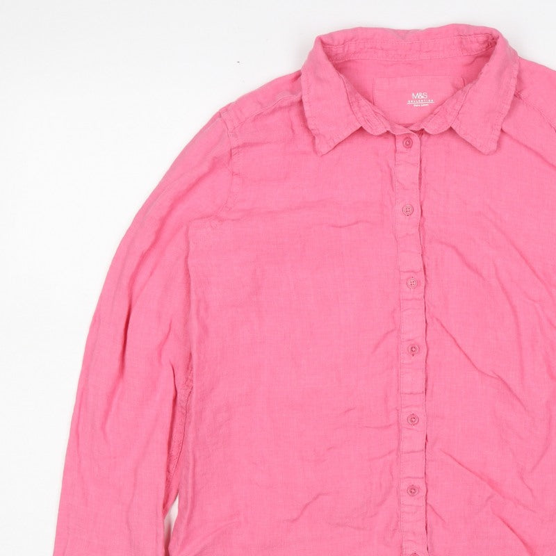 Marks and Spencer Women Pink UK 12 Linen Collared Button-Up Shirt