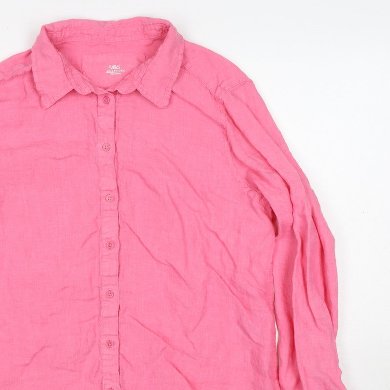 Marks and Spencer Women Pink UK 12 Linen Collared Button-Up Shirt
