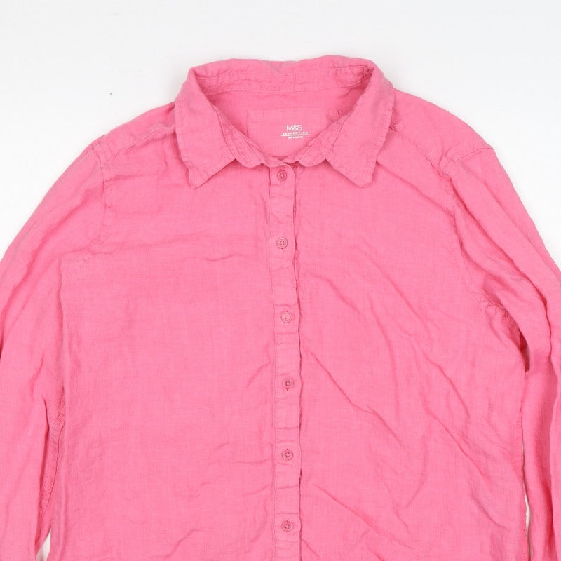 Marks and Spencer Women Pink UK 12 Linen Collared Button-Up Shirt