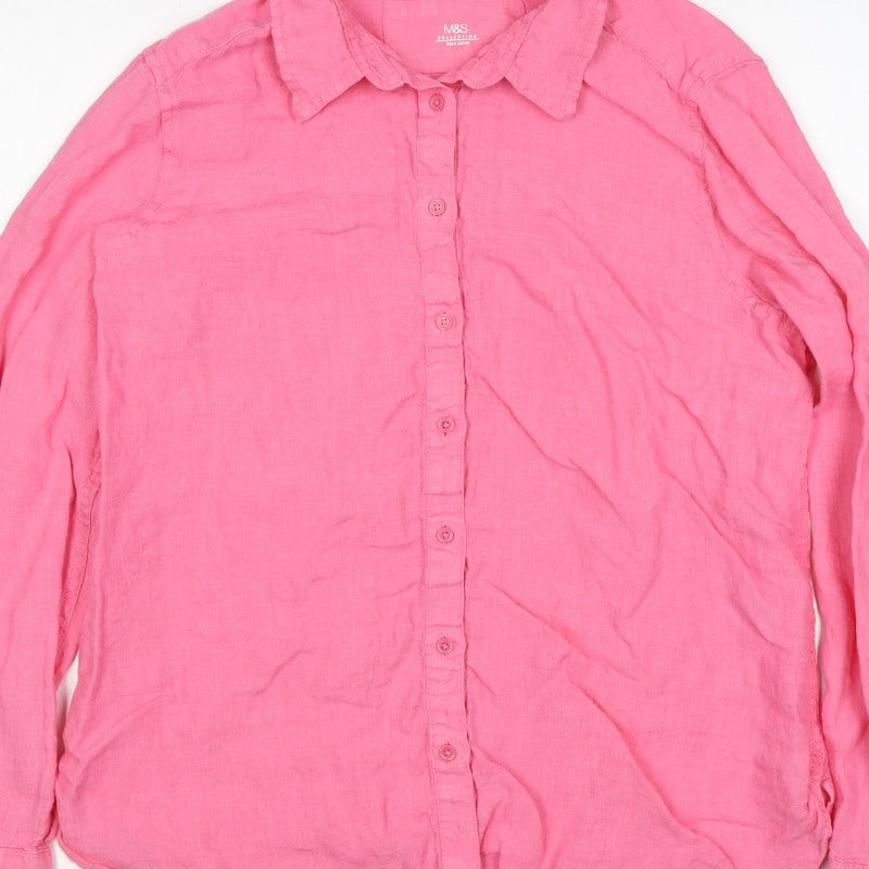 Marks and Spencer Women Pink UK 12 Linen Collared Button-Up Shirt