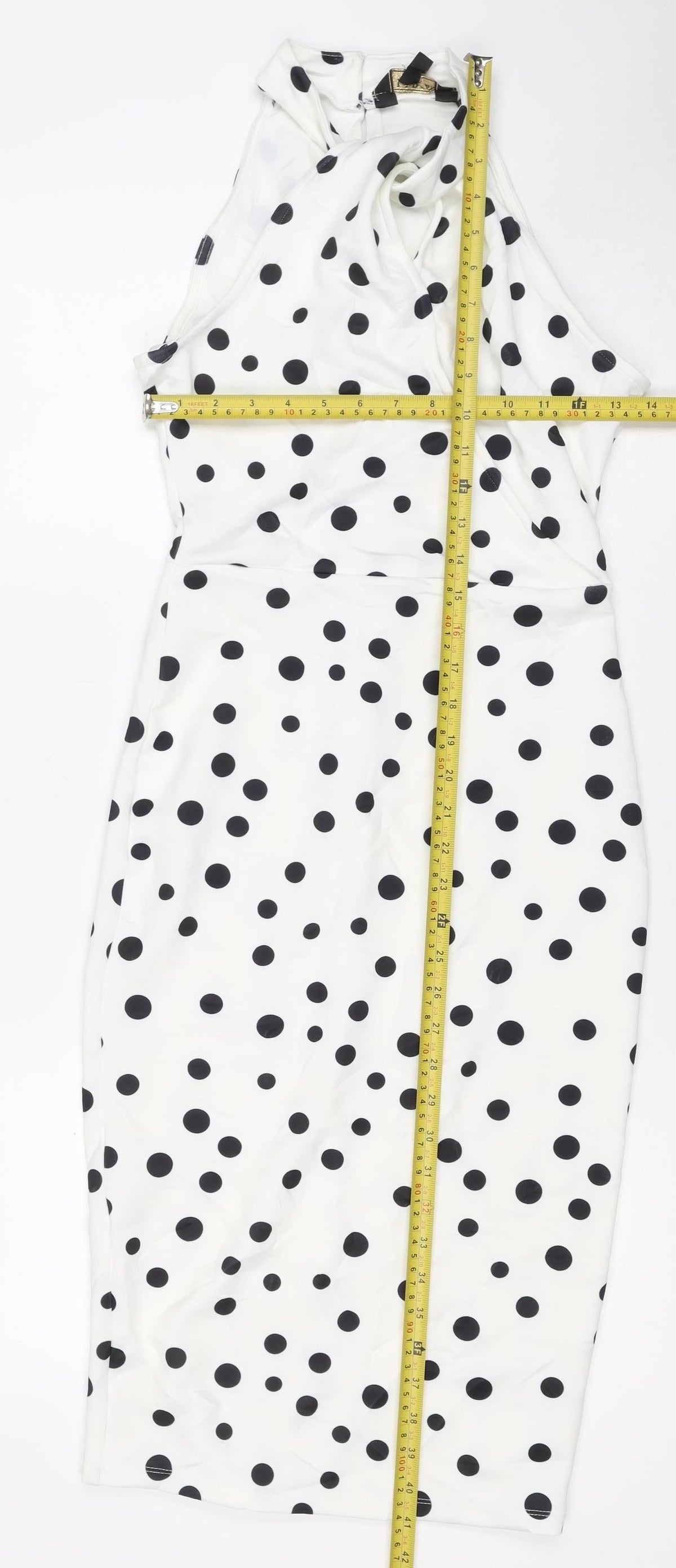 Lipsy Women White Black Polka Dot UK 8 Knee Length Bodycon Dress