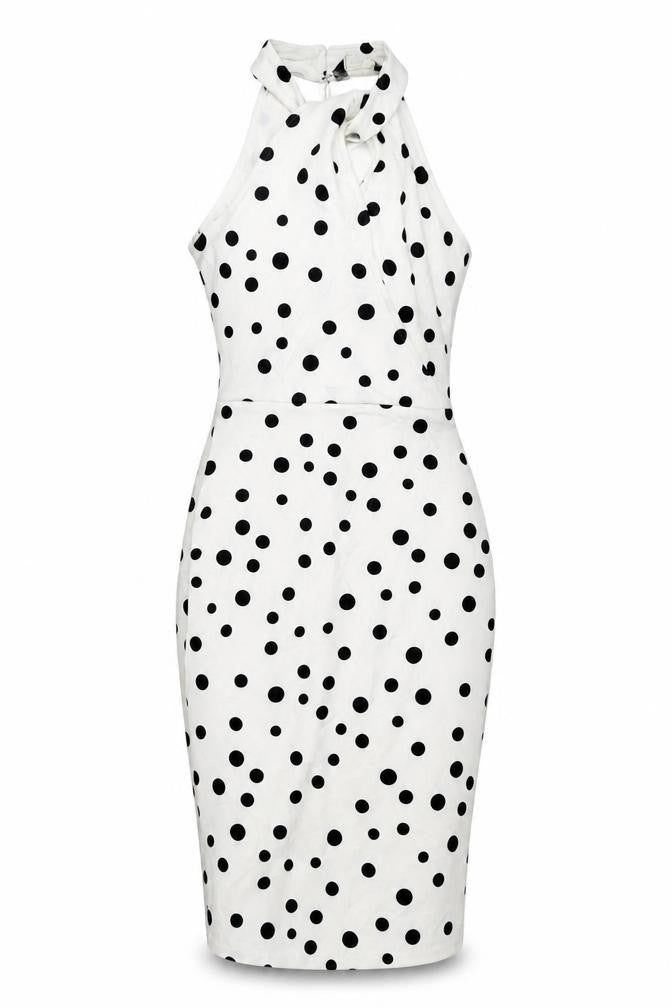 Lipsy Women White Black Polka Dot UK 8 Knee Length Bodycon Dress