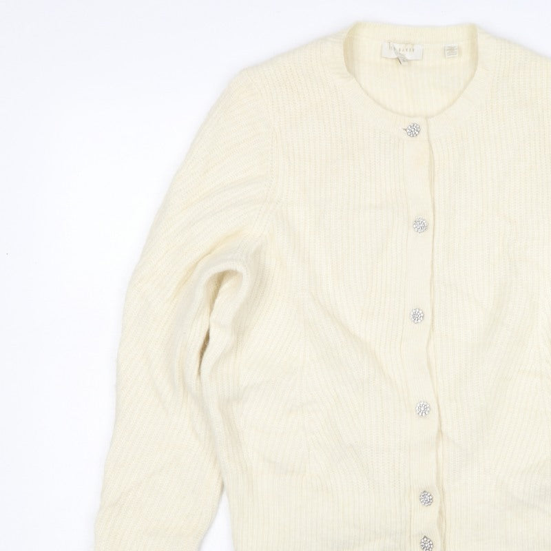 Ted Baker Women Ivory UK 12 Rib Knit Rhinestone Button Cardigan