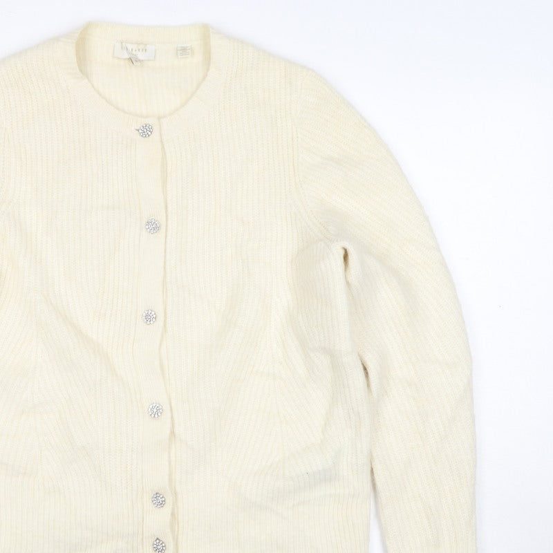 Ted Baker Women Ivory UK 12 Rib Knit Rhinestone Button Cardigan