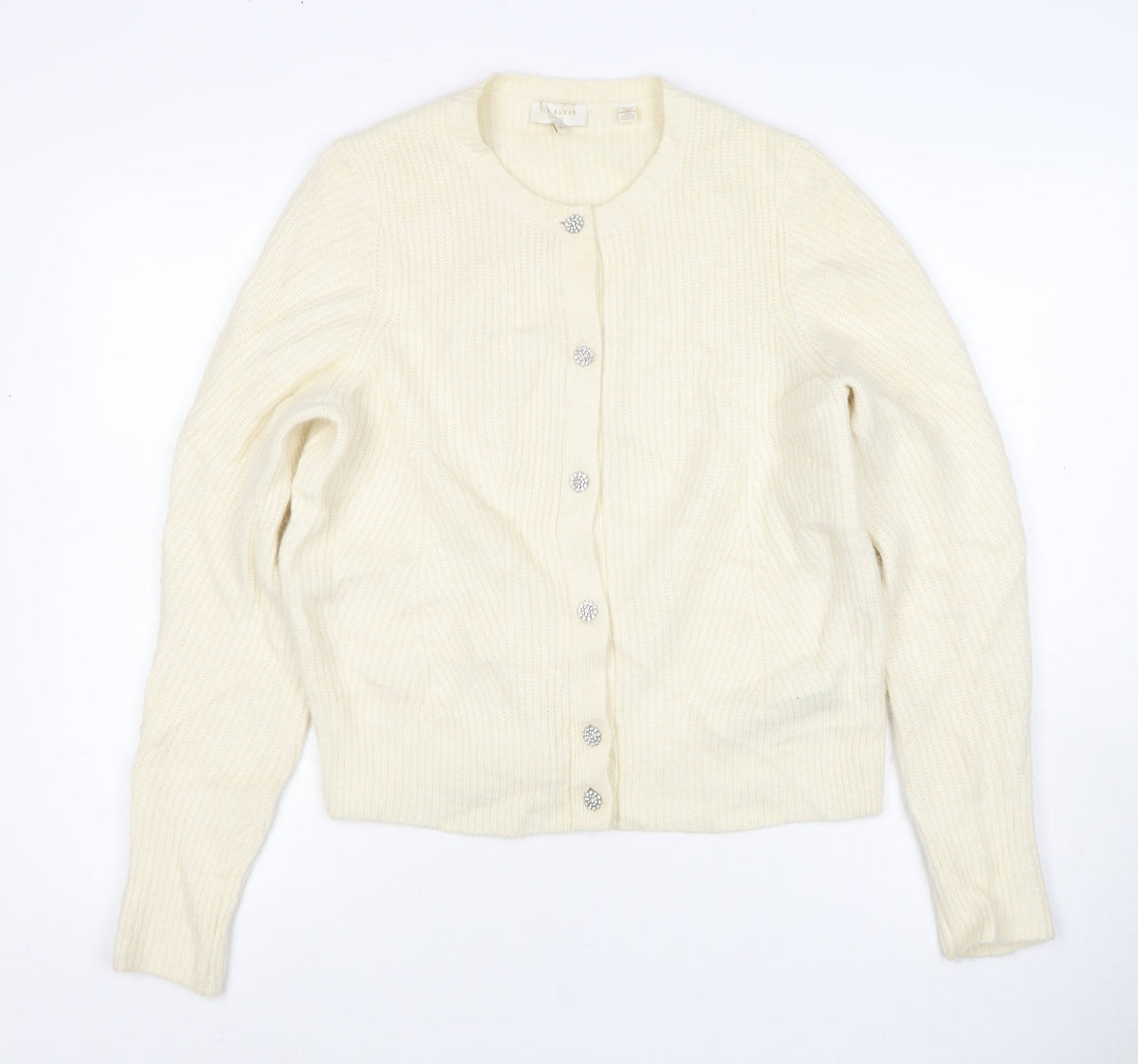 Ted Baker Women Ivory UK 12 Rib Knit Rhinestone Button Cardigan