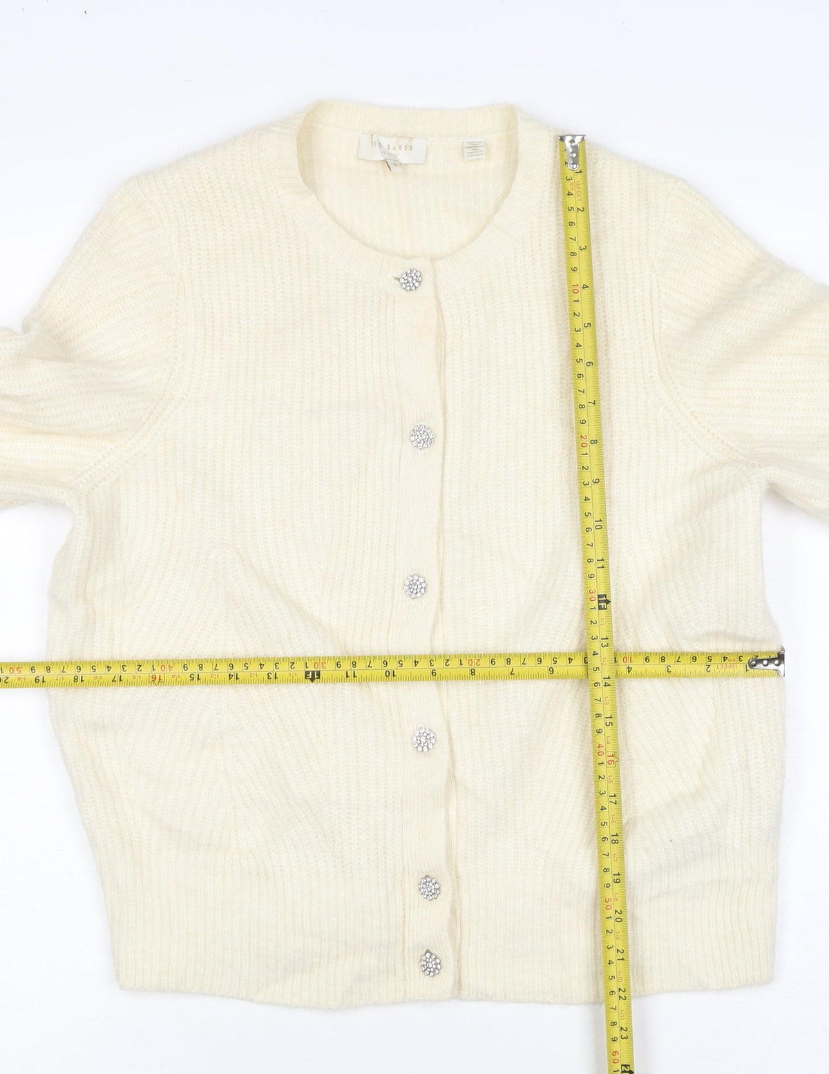 Ted Baker Women Ivory UK 12 Rib Knit Rhinestone Button Cardigan
