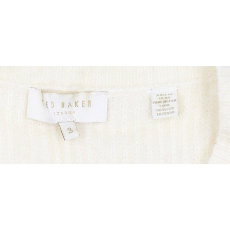 Ted Baker Women Ivory UK 12 Rib Knit Rhinestone Button Cardigan
