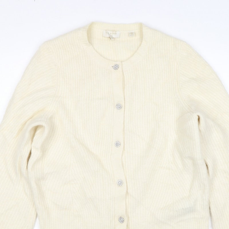 Ted Baker Women Ivory UK 12 Rib Knit Rhinestone Button Cardigan
