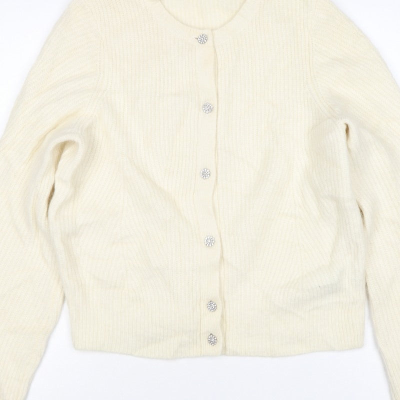 Ted Baker Women Ivory UK 12 Rib Knit Rhinestone Button Cardigan