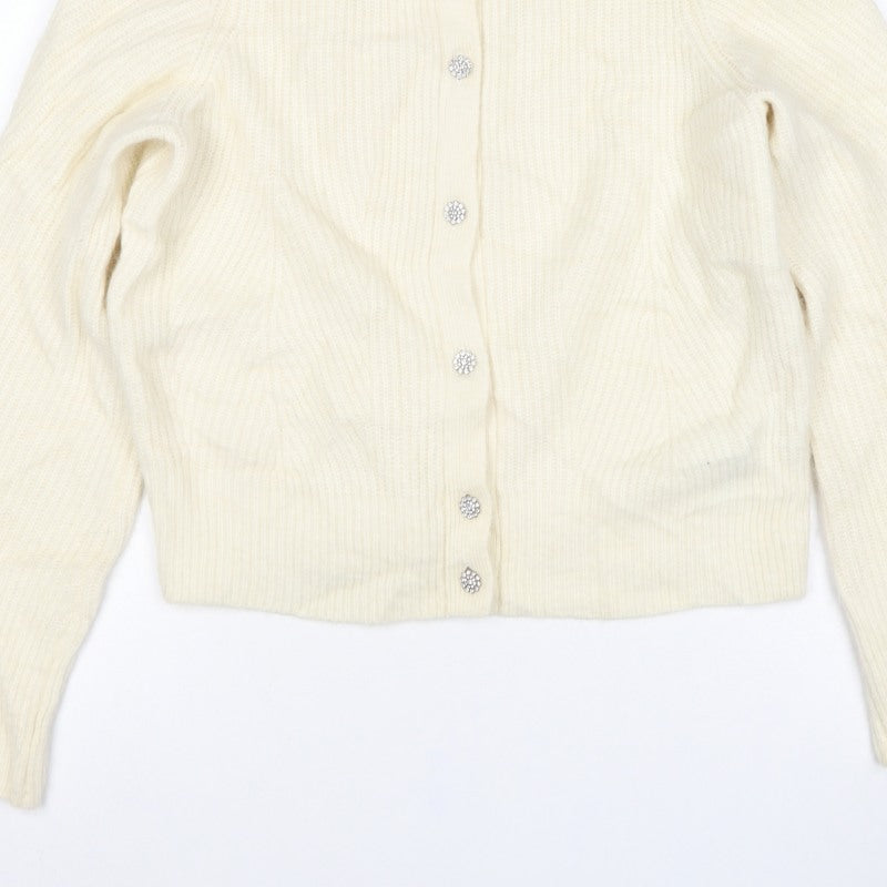Ted Baker Women Ivory UK 12 Rib Knit Rhinestone Button Cardigan