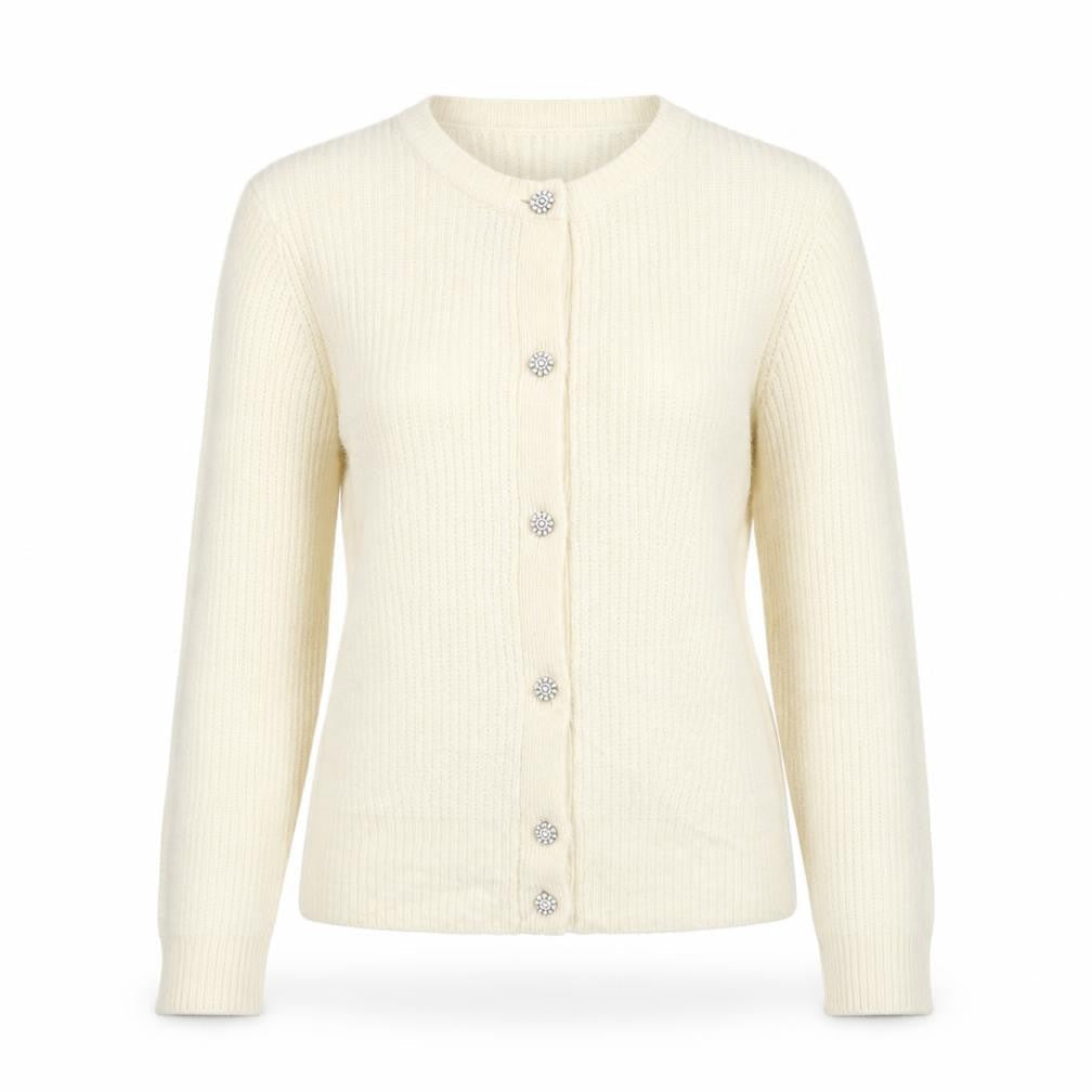 Ted Baker Women Ivory UK 12 Rib Knit Rhinestone Button Cardigan