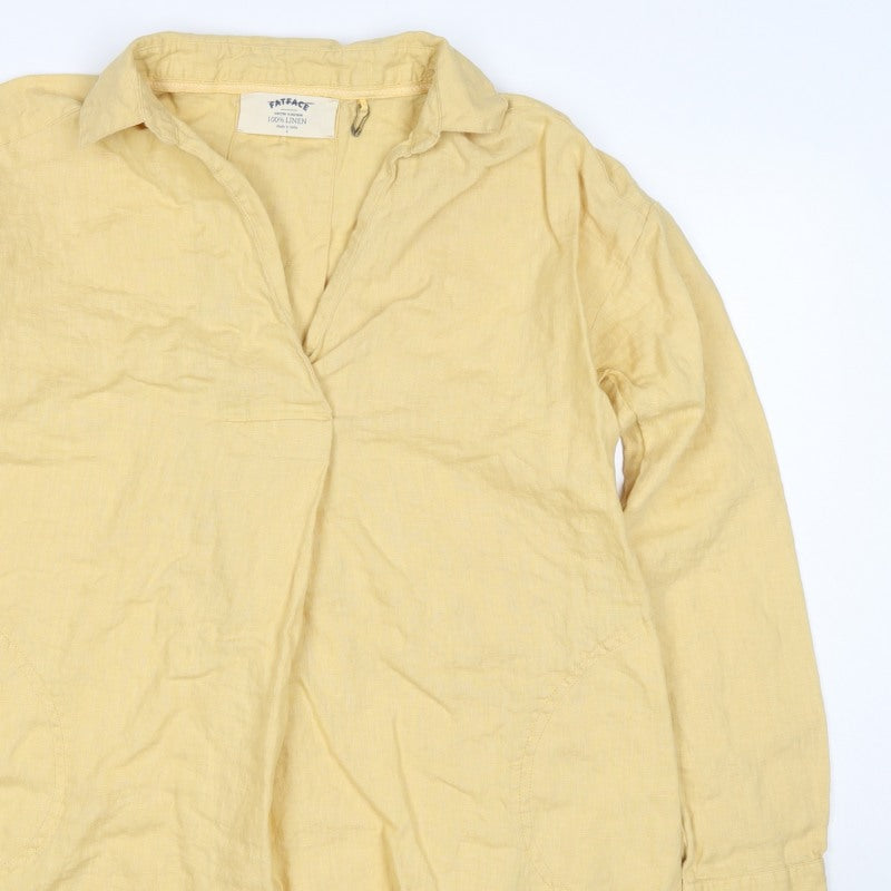 FatFace Women Yellow Size 6 Linen Wrap Collared Long Sleeve Blouse