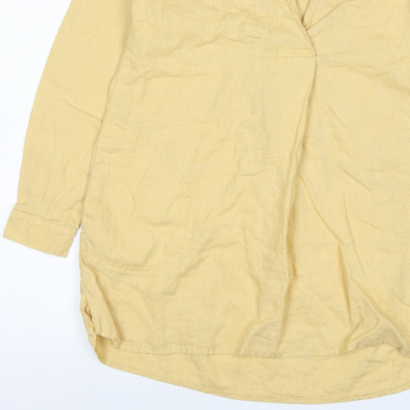 FatFace Women Yellow Size 6 Linen Wrap Collared Long Sleeve Blouse