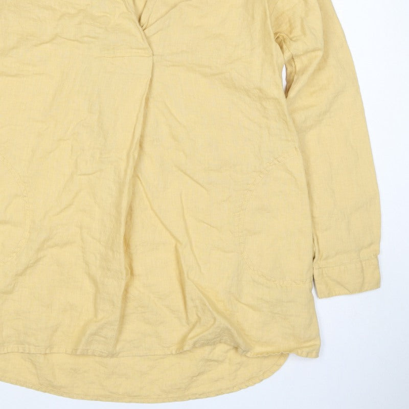 FatFace Women Yellow Size 6 Linen Wrap Collared Long Sleeve Blouse