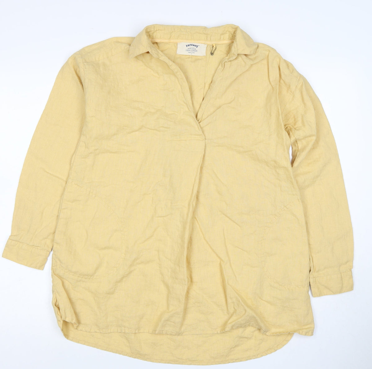 FatFace Women Yellow Size 6 Linen Wrap Collared Long Sleeve Blouse
