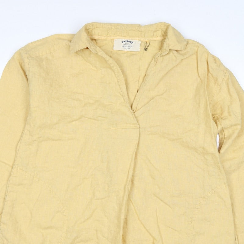 FatFace Women Yellow Size 6 Linen Wrap Collared Long Sleeve Blouse