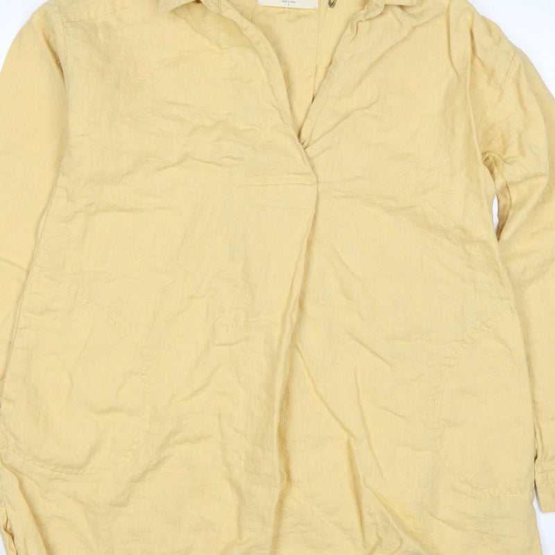 FatFace Women Yellow Size 6 Linen Wrap Collared Long Sleeve Blouse