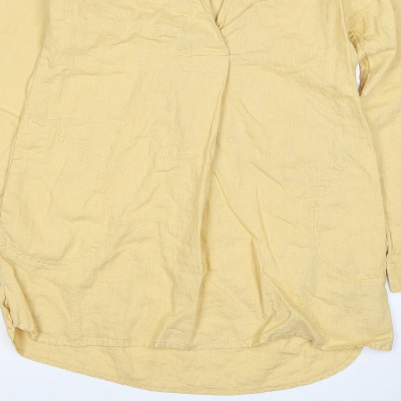 FatFace Women Yellow Size 6 Linen Wrap Collared Long Sleeve Blouse
