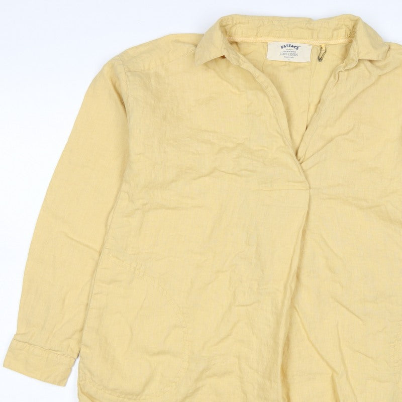 FatFace Women Yellow Size 6 Linen Wrap Collared Long Sleeve Blouse