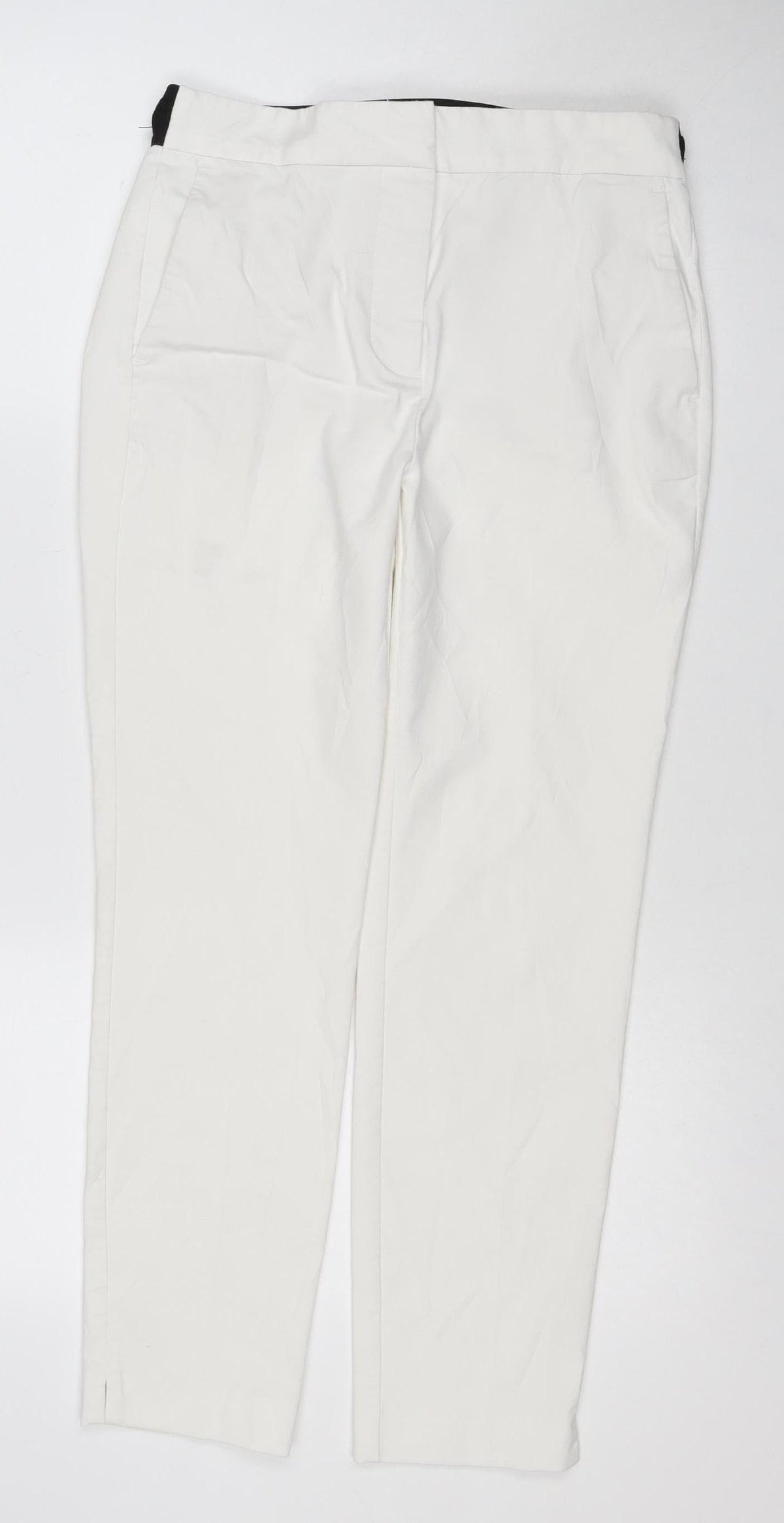 Zara Women White Elastic Waist Straight Trousers Size M Pockets