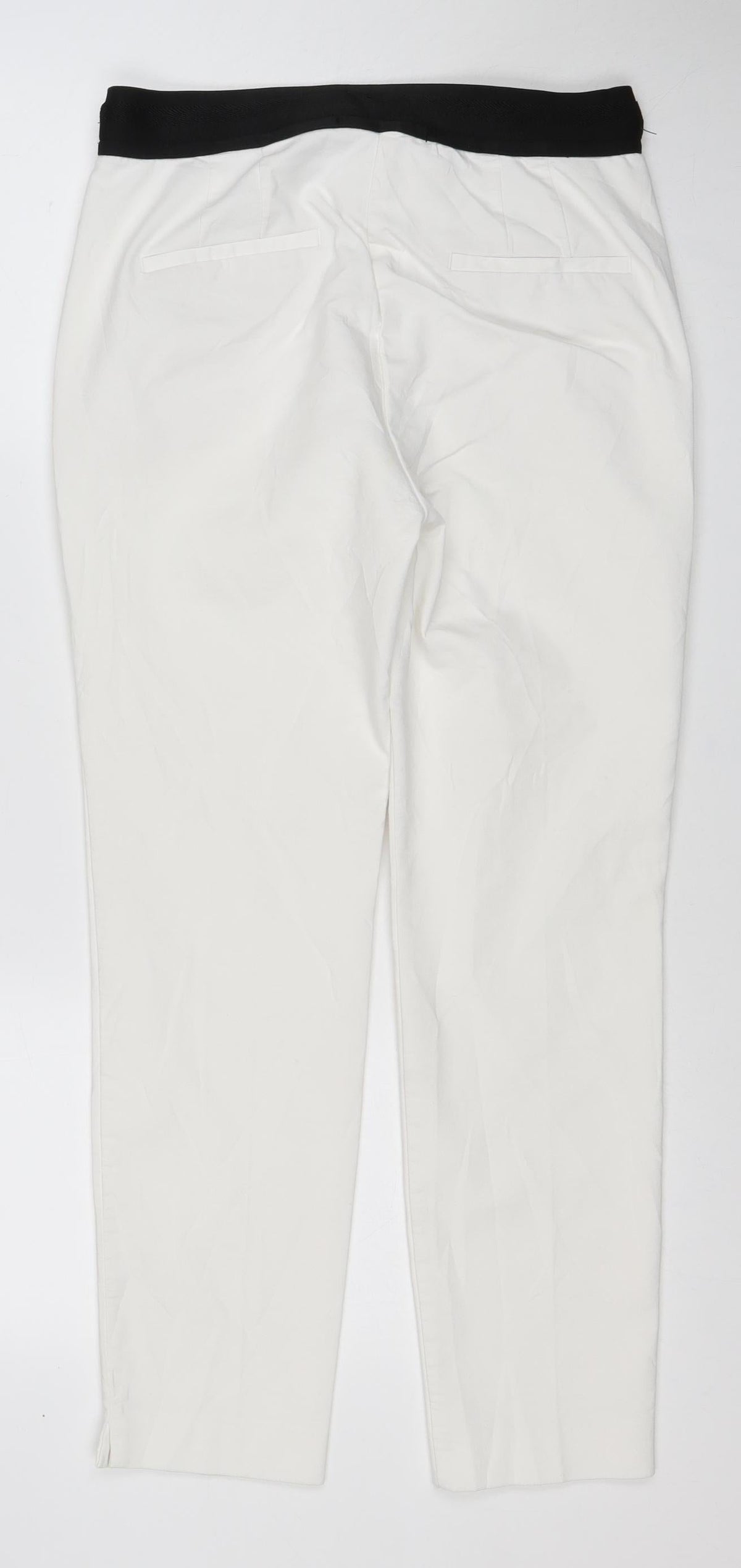 Zara Women White Elastic Waist Straight Trousers Size M Pockets