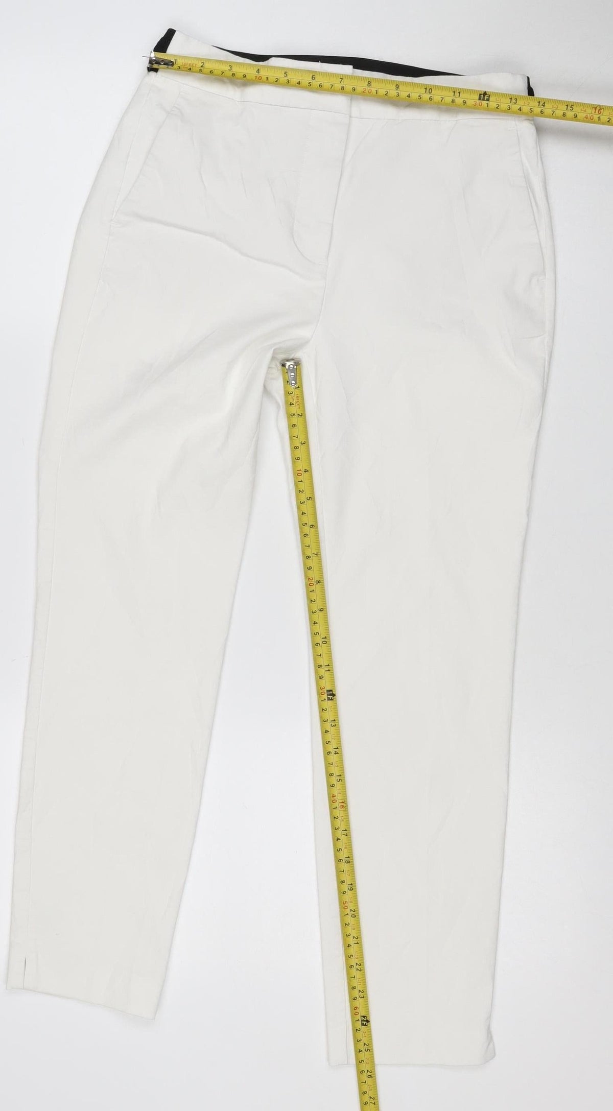 Zara Women White Elastic Waist Straight Trousers Size M Pockets
