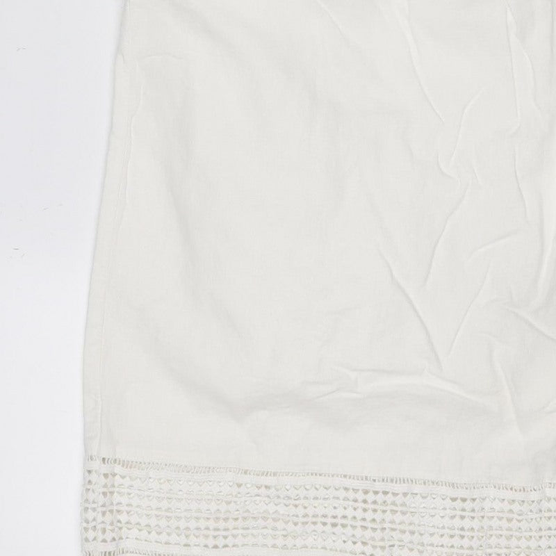 M&S Women Ivory UK 8 Knee Length Shift Linen Blend Crochet Dress