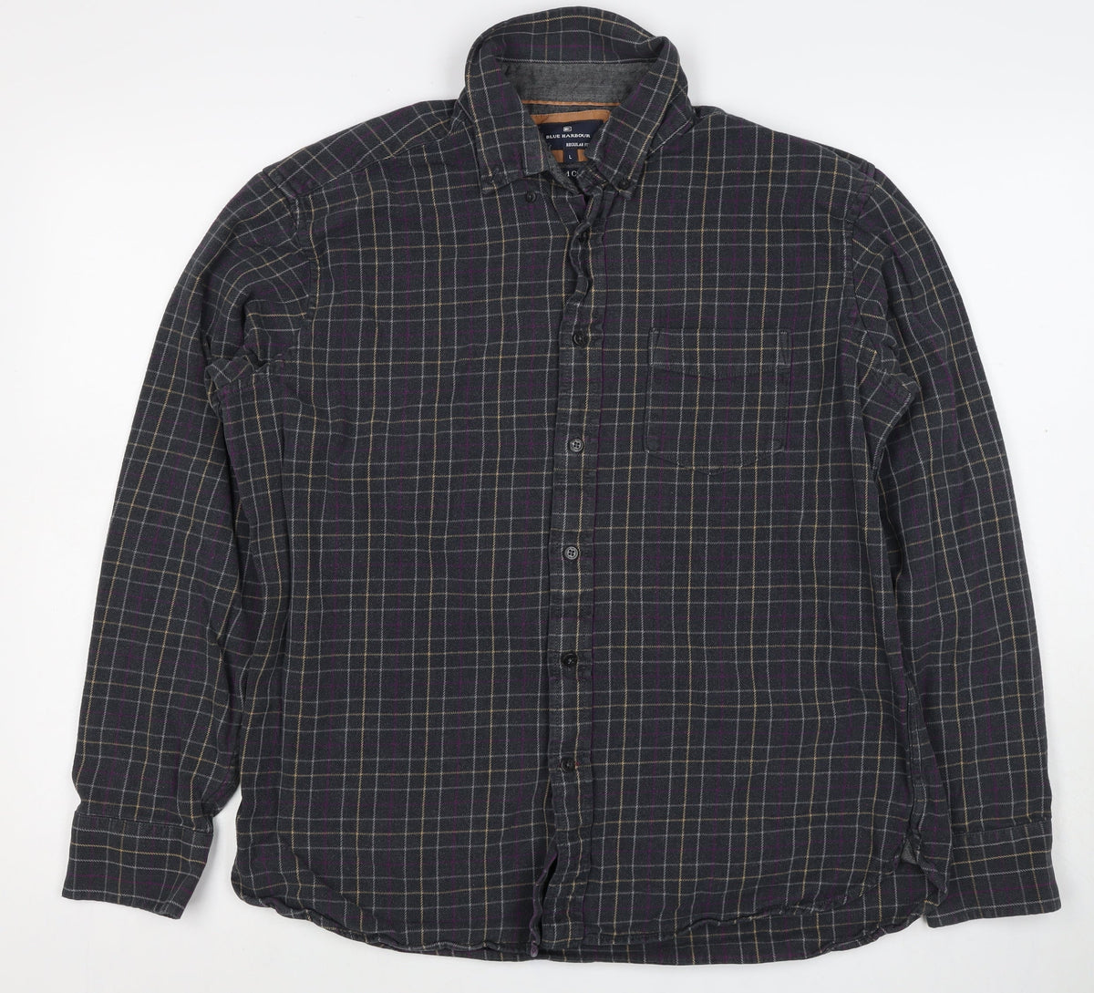 Blue Harbour Men’s Black Check Cotton Flannel Button-Down Shirt L Regular