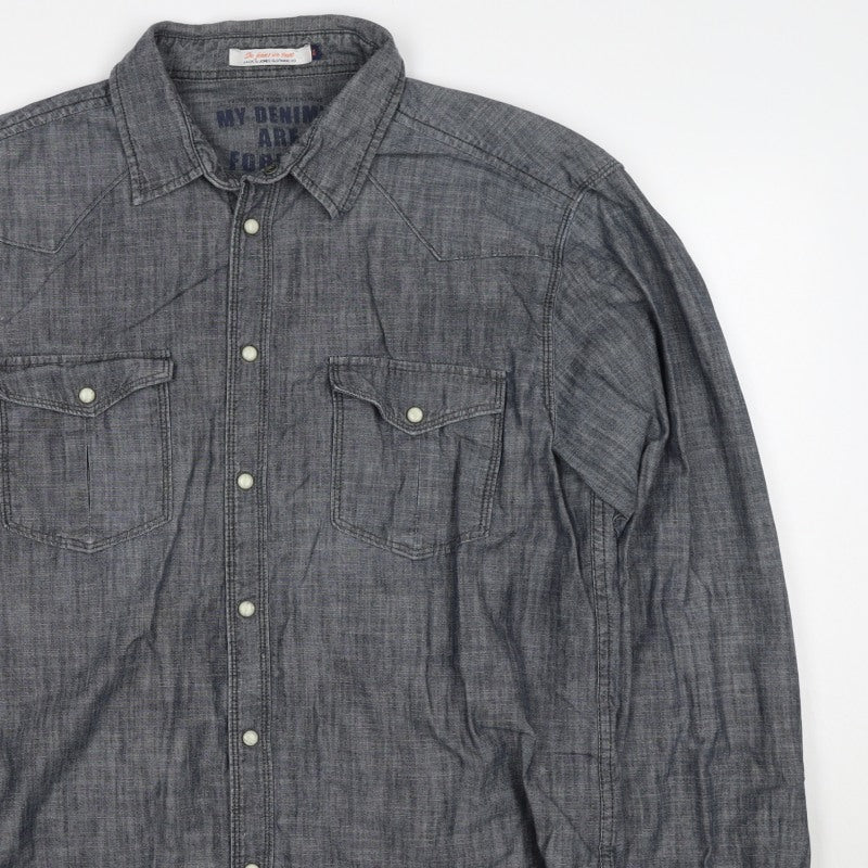 Jack & Jones Men's Grey XL Western Chambray Cotton Snap Shirt
