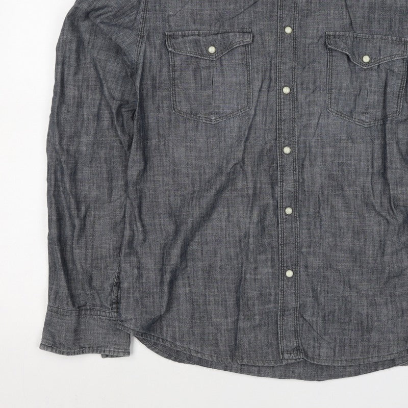 Jack & Jones Men's Grey XL Western Chambray Cotton Snap Shirt
