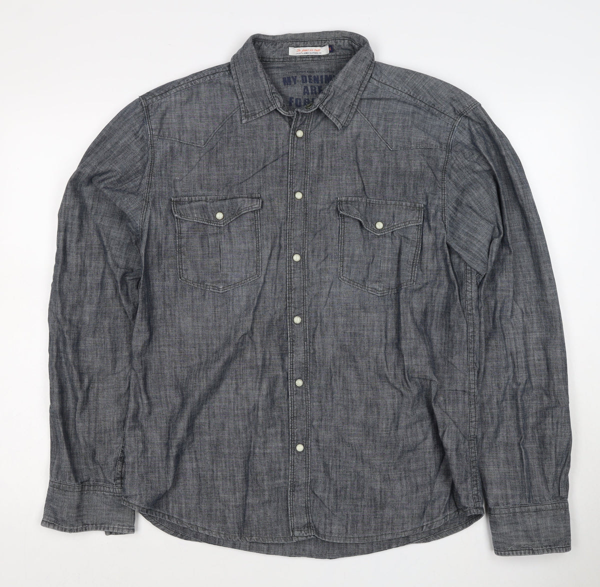 Jack & Jones Men's Grey XL Western Chambray Cotton Snap Shirt