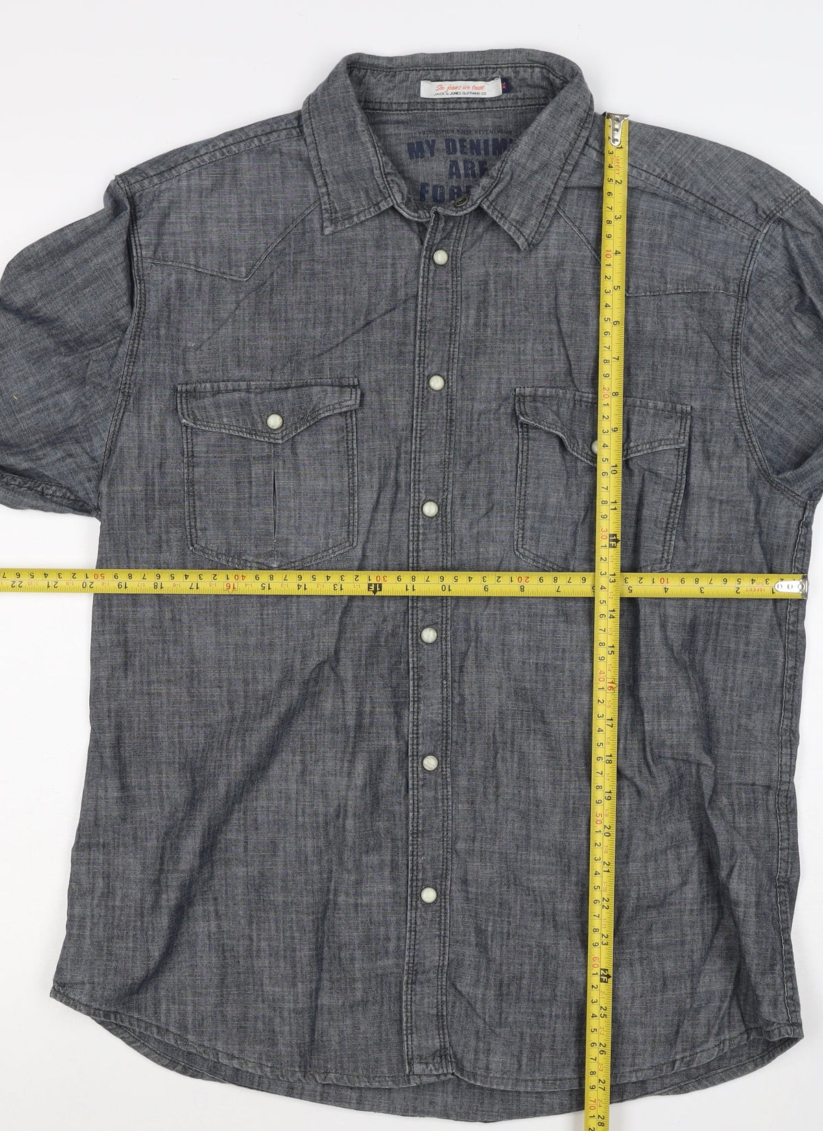 Jack & Jones Men's Grey XL Western Chambray Cotton Snap Shirt