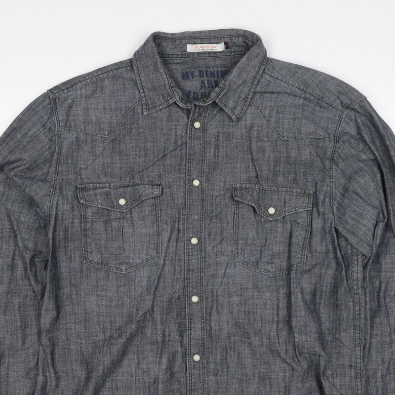 Jack & Jones Men's Grey XL Western Chambray Cotton Snap Shirt
