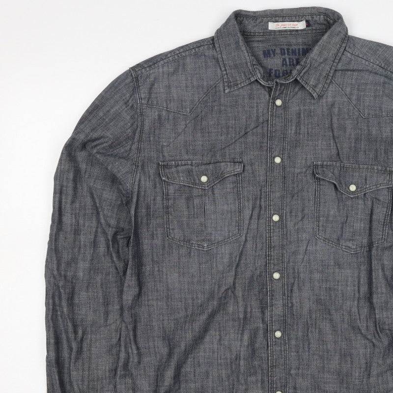 Jack & Jones Men's Grey XL Western Chambray Cotton Snap Shirt