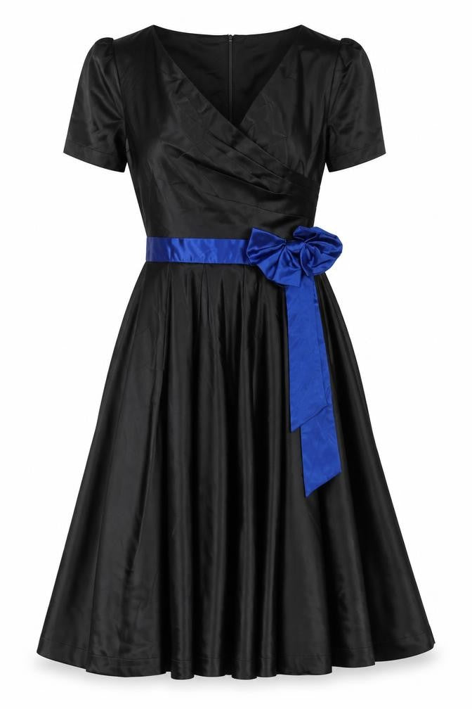 Lindy Bop Women Black Blue Size 10 Fit & Flare Satin Long Dress