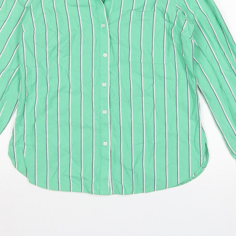 River Island Women Green UK 8 Striped Cotton Button-Up Collared Blouse