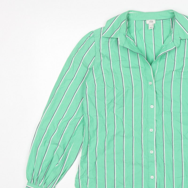 River Island Women Green UK 8 Striped Cotton Button-Up Collared Blouse