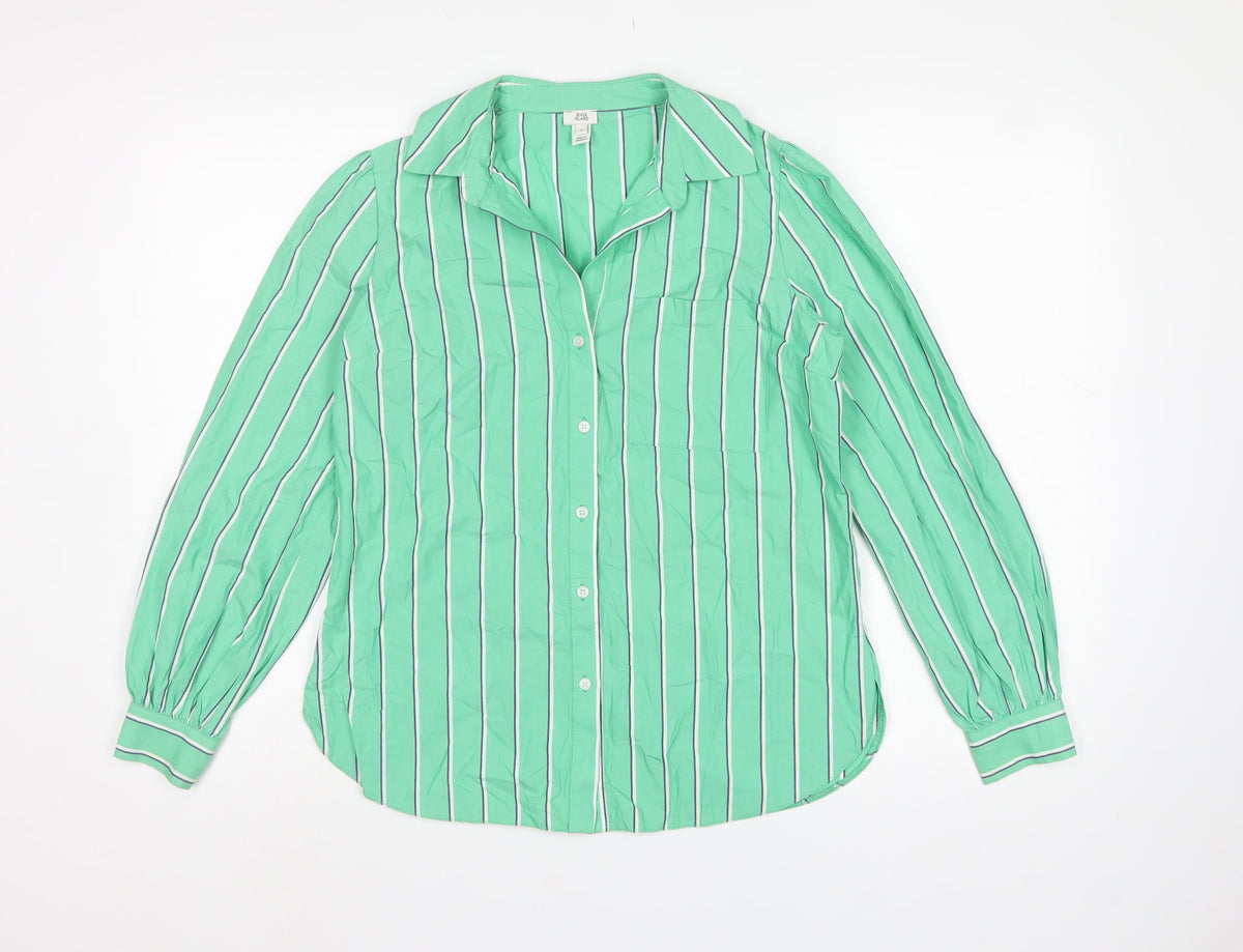 River Island Women Green UK 8 Striped Cotton Button-Up Collared Blouse