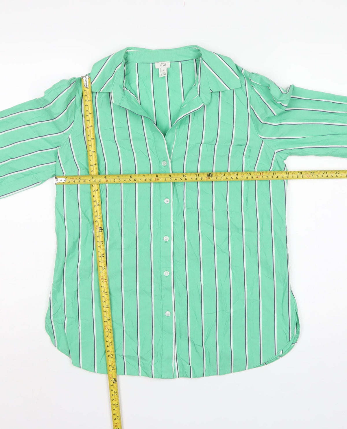 River Island Women Green UK 8 Striped Cotton Button-Up Collared Blouse