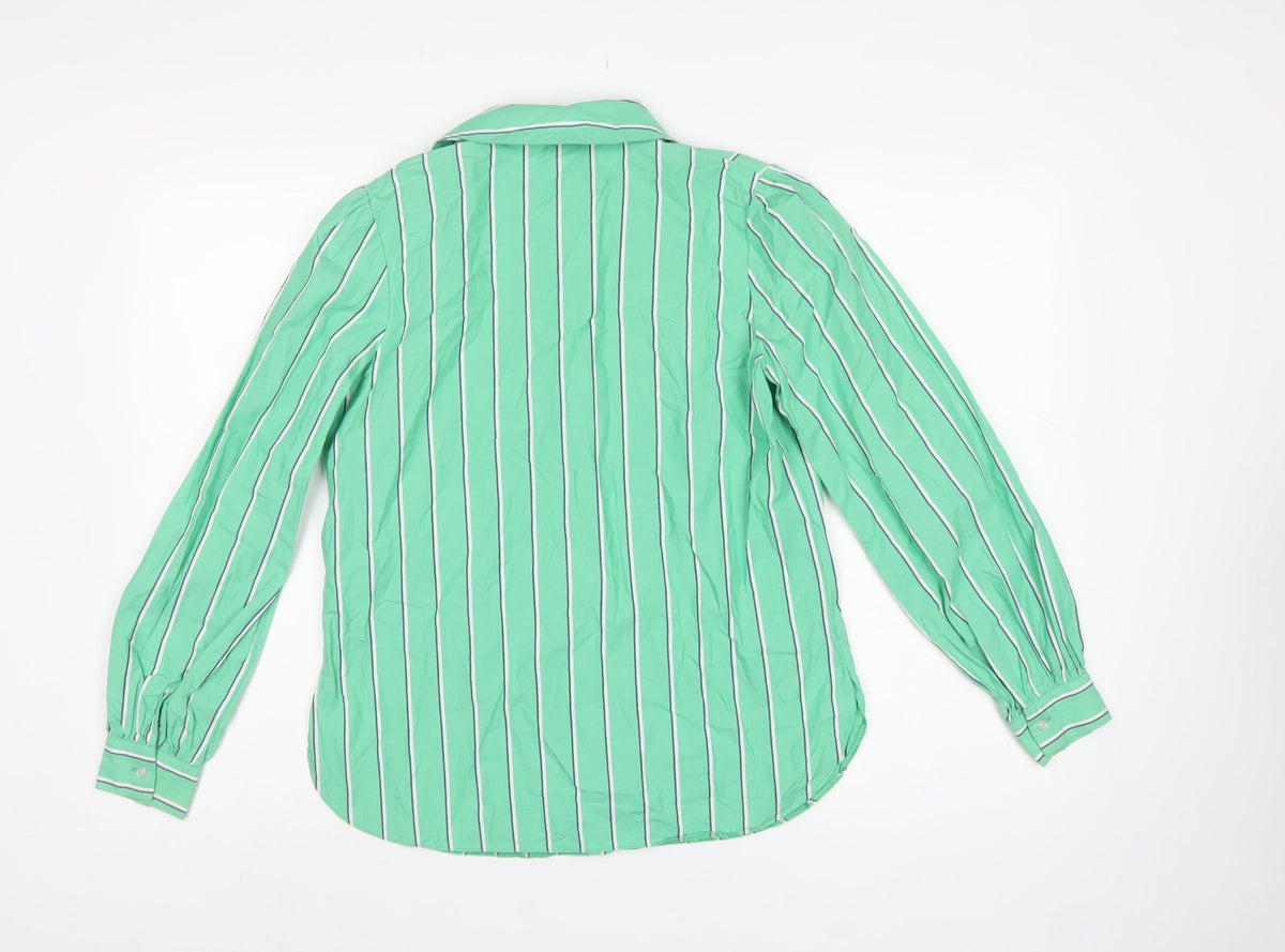 River Island Women Green UK 8 Striped Cotton Button-Up Collared Blouse
