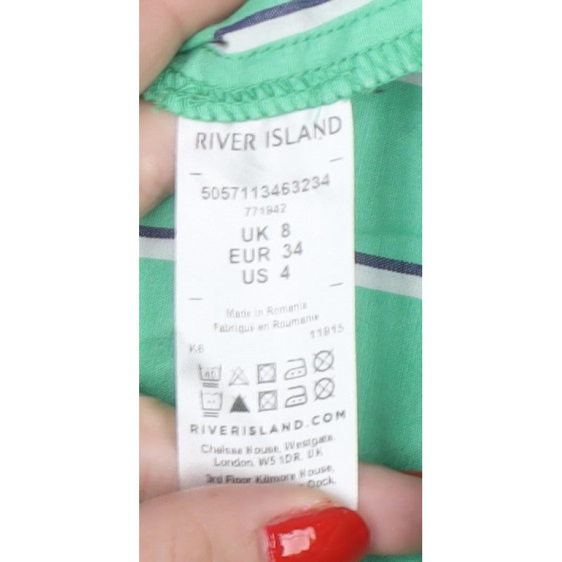 River Island Women Green UK 8 Striped Cotton Button-Up Collared Blouse