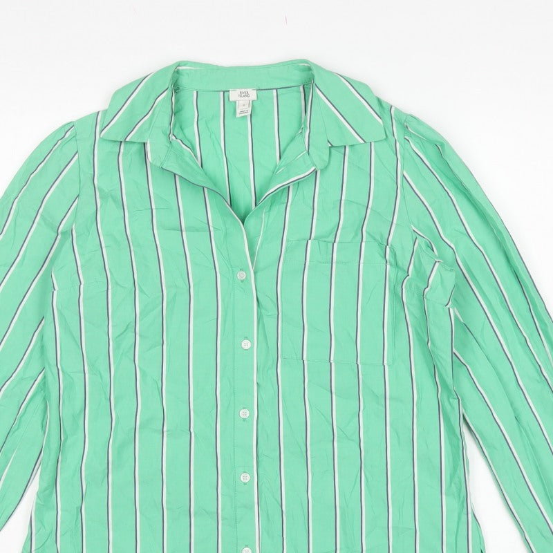 River Island Women Green UK 8 Striped Cotton Button-Up Collared Blouse