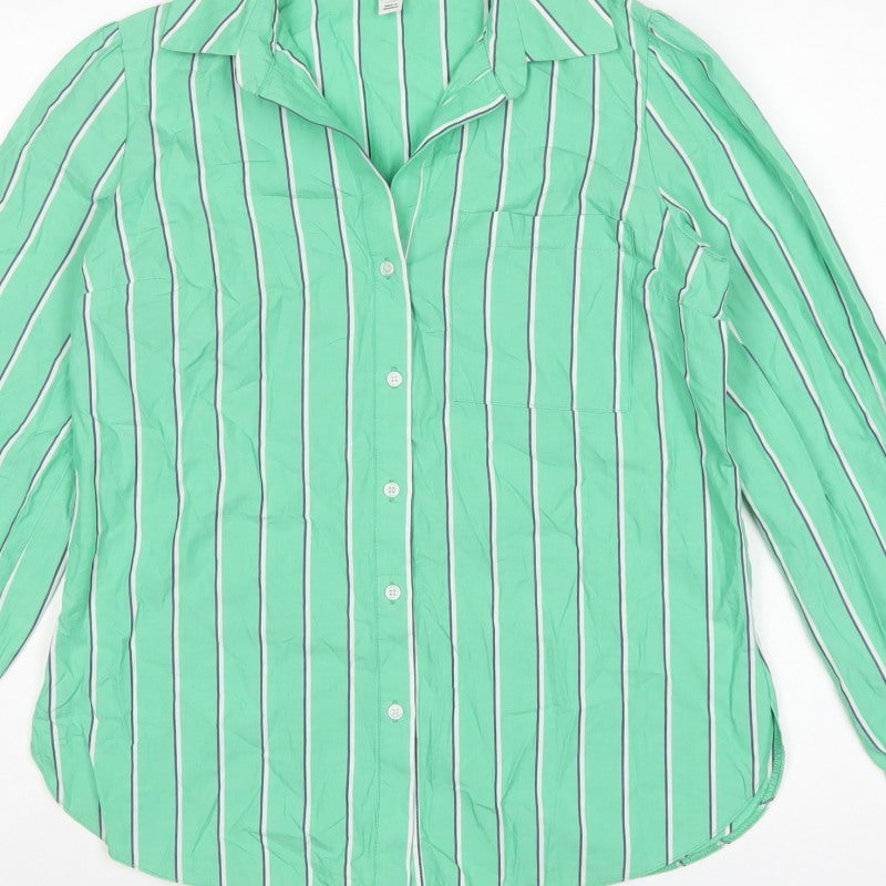 River Island Women Green UK 8 Striped Cotton Button-Up Collared Blouse