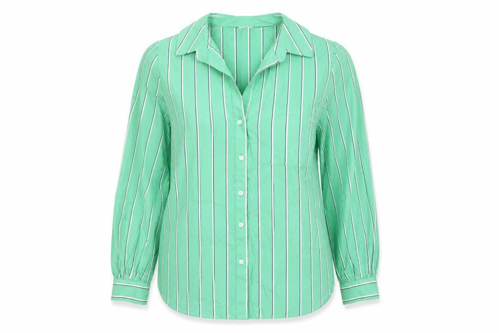 River Island Women Green UK 8 Striped Cotton Button-Up Collared Blouse