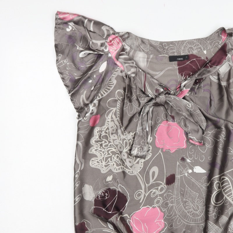 Next Women Grey Pink Floral Chiffon Ruffle V-Neck Blouse UK 14