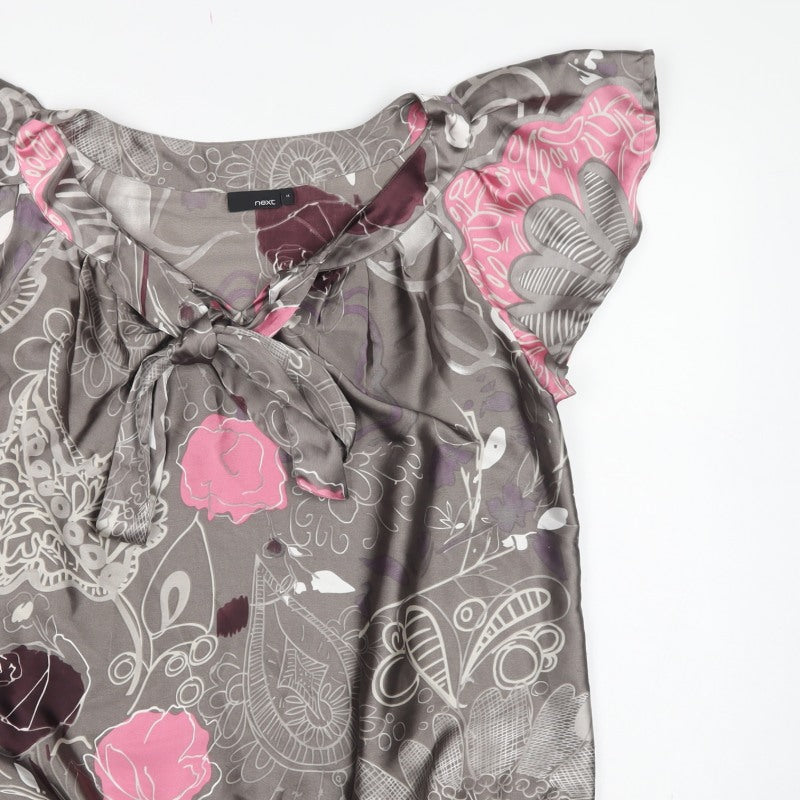 Next Women Grey Pink Floral Chiffon Ruffle V-Neck Blouse UK 14