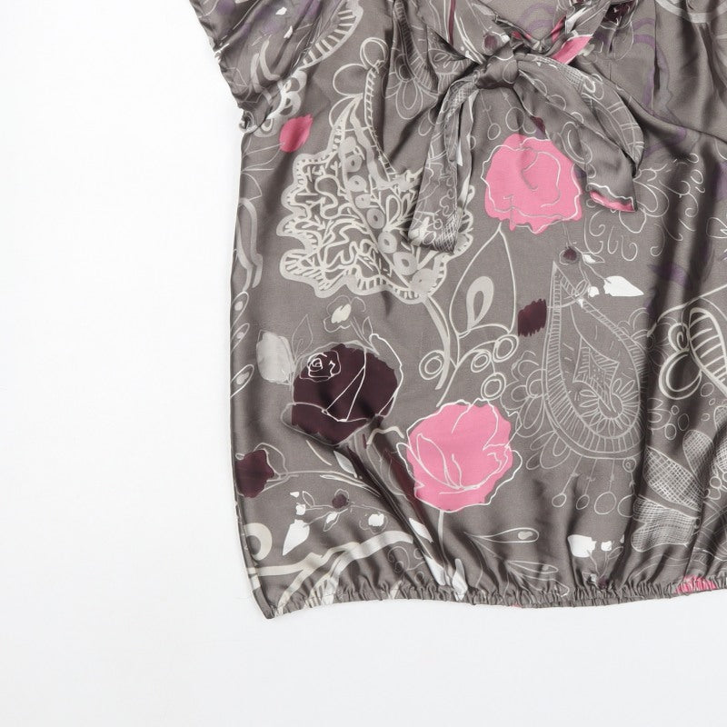 Next Women Grey Pink Floral Chiffon Ruffle V-Neck Blouse UK 14